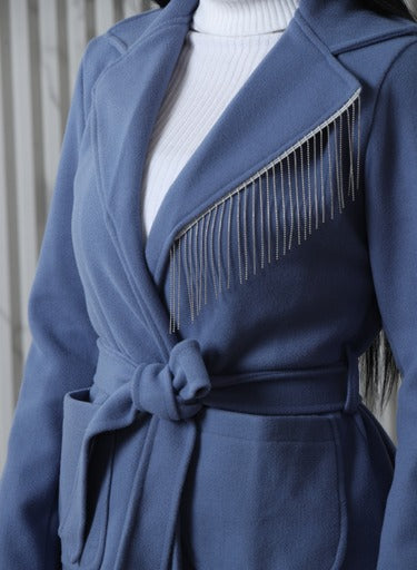 long winter jacket - Knee-Length - Modern Emerald Belted Overcoat with Metallic Fringe